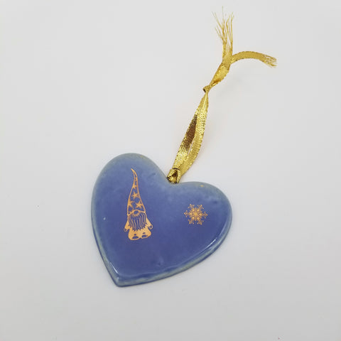 Holiday Ornaments Light Blue Heart with 14k Gold Gnome and Snowflake - Arts and Heritage St. Albert