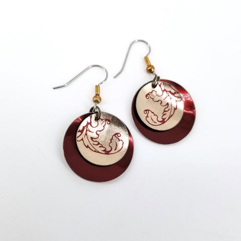 Upcycled Biscuit Box Circular Dangle Earrings Maroon & Gold - Arts and Heritage St. Albert