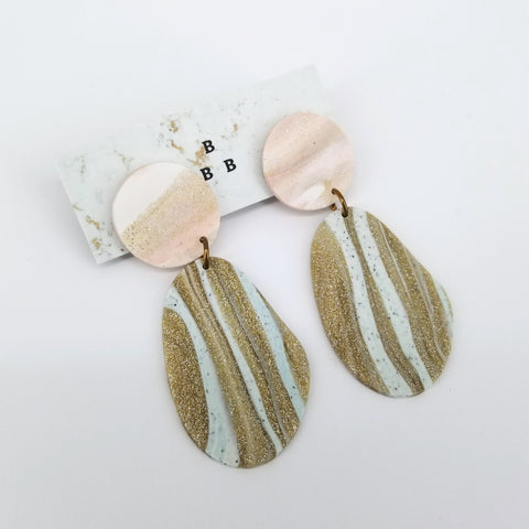'Clay Classics' Large Clay, Acrylic and Resin Earrings Pink White Blue & Gold Stripes - Arts and Heritage St. Albert