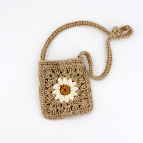 Crocheted Granny Square Kids Purse Light Brown with Cream Flower - Arts and Heritage St. Albert