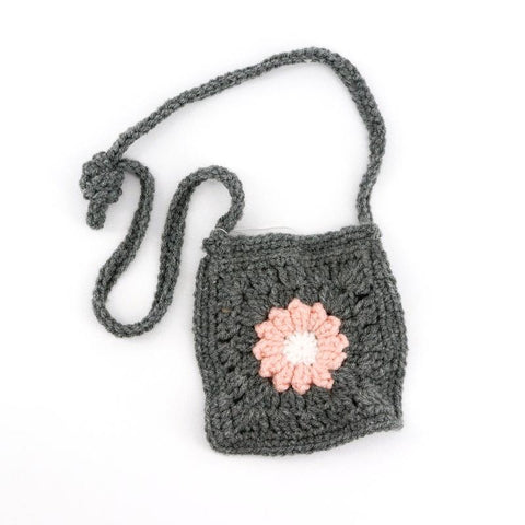 Crocheted Granny Square Kids Purse Grey with Pink Flower - Arts and Heritage St. Albert