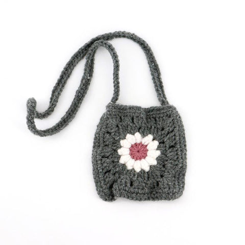 Crocheted Granny Square Kids Purse Grey with White Flower - Arts and Heritage St. Albert