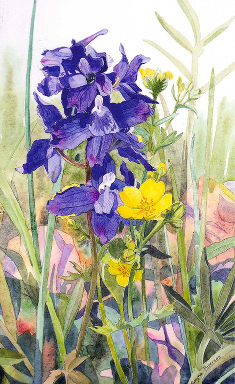 Rayma Peterson Art Cards Delphinium & Potentilla - Arts and Heritage St. Albert