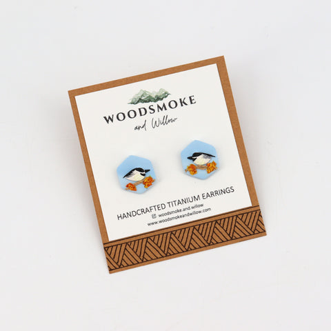 Chickadee in a Tree Stud Earrings Light Blue Hexagon - Arts and Heritage St. Albert