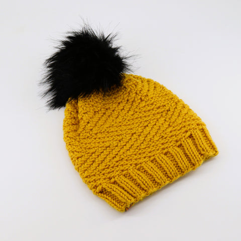 Hand Knit Chevron Toque Mustard Yellow with Black Pom Pom - Arts and Heritage St. Albert