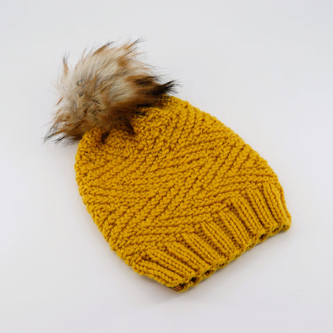 Hand Knit Chevron Toque Mustard Yellow with Brown Pom Pom - Arts and Heritage St. Albert