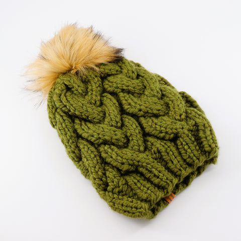 Hand Knit Cable Knit Adult Toque Green - Arts and Heritage St. Albert