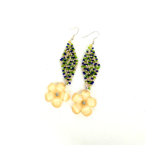 Beaded Earrings with flowers purple, gold and white with white flowers - Arts and Heritage St. Albert