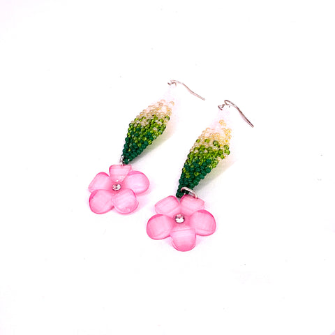 Beaded Earrings with flowers green and pink with pink flowers - Arts and Heritage St. Albert