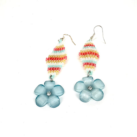 Beaded Earrings with flowers pink, white and blue with blue flowers - Arts and Heritage St. Albert