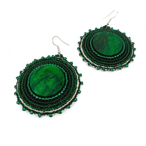 Large Beaded Round Green Earrings - Arts and Heritage St. Albert