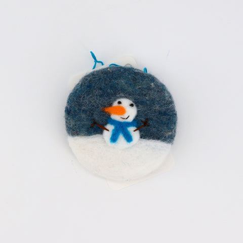 Flat Felted Snowman Ornament Snowman with Blue Scarf - Arts and Heritage St. Albert