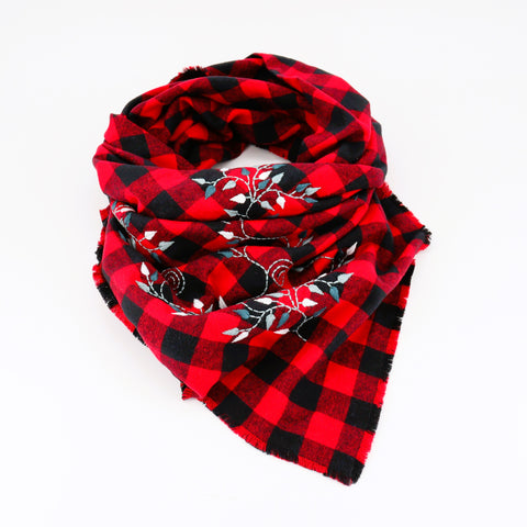 Embroidered Triangle Scarf - Medium Red & Black Plaid with Embroidered Trees - Arts and Heritage St. Albert