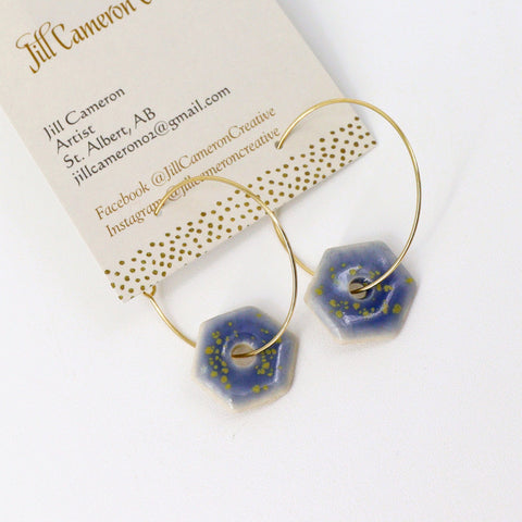 Blue & Green Porcelain Charm Hoop Earrings Style 3 - 1.25 Inch Gold Hoop - Arts and Heritage St. Albert