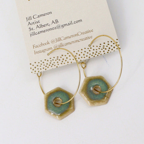 Blue & Green Porcelain Charm Hoop Earrings Style 5 - 1.25 Inch Gold Hoop - Arts and Heritage St. Albert