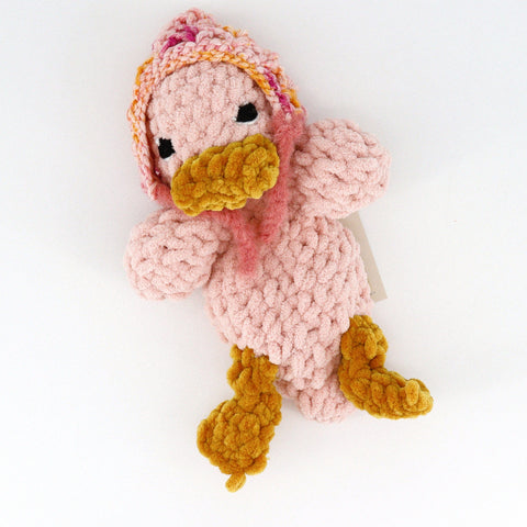 Crocheted Duck 'Snuggler' Pink with Bonnet - Arts and Heritage St. Albert