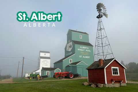Postcards St. Albert Grain Elevators with 2 Tractors - Arts and Heritage St. Albert
