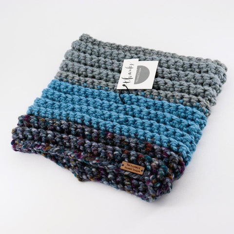 Hand Crochet Short Infinity Scarf Grey, Blue and Multi Coloured - Arts and Heritage St. Albert