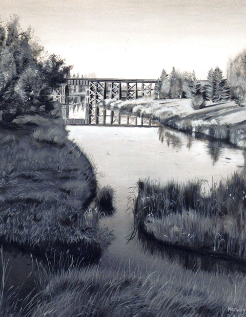 St. Albert Series Art Cards by Memory Roth The Trestle In Black and White, 5.25" x 4" - Arts and Heritage St. Albert